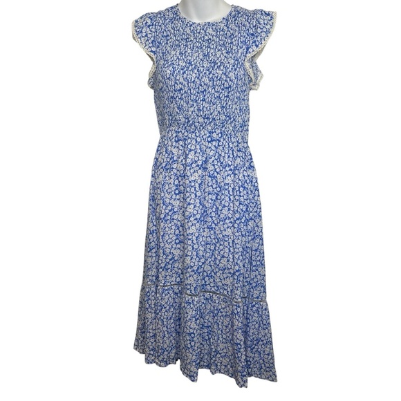 Lost + Wander Pick Me Blue Floral Print Midi Dress smocked size small prarie - Picture 2 of 11